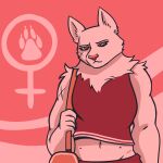 2019 anthro bottomwear breasts canid canine canis clothed clothing deer_(artist) digital_media_(artwork) ear_piercing ethquest eyebrows eyelashes female female_symbol front_view fully_clothed fur gender_symbol half-length_portrait head_tilt hi_res inner_ear_fluff looking_at_viewer mammal muscular muscular_anthro muscular_female navel piercing pink_background portrait purse red_bottomwear red_clothing red_eyes red_shirt red_tank_top red_topwear ruff scratches shirt simple_background snout solo standing symbol tank_top thorne_(ethquest) topwear tuft white_body white_fur wolf women&#039;s_day
