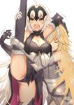  2girls absurdres armor armored_dress bangs blonde_hair blush breasts closed_eyes elbow_gloves fate/apocrypha fate/grand_order fate_(series) faulds gloves headpiece highres hug jeanne_d&#039;arc_(alter)_(fate) jeanne_d&#039;arc_(fate) jeanne_d&#039;arc_(fate/apocrypha) large_breasts leg_lift leg_up long_hair looking_at_viewer multiple_girls open_mouth plackart silver_hair smile split standing standing_on_one_leg standing_split thighhighs very_long_hair weyas_kayur yellow_eyes 