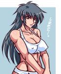  1girl abs bare_shoulders black_hair blue_eyes border breasts collarbone commentary_request covered_nipples large_breasts long_hair looking_at_viewer muscular muscular_female navel open_mouth original panties retro_artstyle shiny_skin simamoto_utako sketch taroimo_(00120014) translation_request underwear underwear_only white_border white_panties wide_hips 