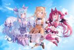 +_+ 3girls :d :o ahoge aimani_(vtuber) animal_ears ankle_boots armpits asymmetrical_footwear bangs bat_wings black_wings blonde_hair blue_dress blue_eyes blue_footwear blue_hair blue_ribbon blue_sky blush boots breasts brown_dress brown_footwear cat_hair_ornament center_frills collar copyright_request demon_girl demon_tail demon_wings detached_collar detached_sleeves double_bun dress eyebrows_visible_through_hair fake_animal_ears fang fingerless_gloves flower fold-over_boots frilled_collar frilled_dress frilled_shirt frilled_skirt frills full_body fur-trimmed_gloves fur-trimmed_sleeves fur_trim garter_straps gloves hair_between_eyes hair_ornament hair_ribbon heart heart_tail highres holding_hands indie_virtual_youtuber jimmy_madomagi jumping long_hair long_sleeves looking_at_viewer mel_mellow midriff miniskirt mismatched_footwear mizuboshi_yamu multiple_girls navel neck_ribbon o-ring_thigh_strap one_eye_closed open_mouth pink_collar pink_flower pink_footwear pink_hair pink_legwear pink_sleeves pleated_dress pleated_skirt pointy_ears puffy_sleeves purple_eyes purple_legwear purple_ribbon ribbon shirt sidelocks single_thighhigh skirt sky sleeves_past_fingers sleeves_past_wrists small_breasts smile sonobe_maya star-shaped_pupils star_(symbol) star_hair_ornament star_print symbol-shaped_pupils tail tassel thigh_strap thighhighs twintails two_side_up very_long_hair virtual_youtuber white_flower white_legwear white_ribbon white_shirt wings 