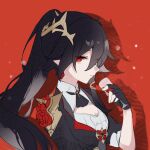  1girl black_shirt breasts cleavage cleavage_cutout closed_mouth clothing_cutout flower fu_hua fu_hua_(blood_voivode) fu_hua_(shadow_knight) hair_between_eyes hair_flower hair_ornament high_ponytail holding honkai_(series) honkai_impact_3rd long_hair long_sleeves mangzhi_yaoyao official_alternate_costume ponytail red_background red_eyes red_flower red_wine rose shadow shirt solo upper_body vampire 