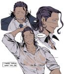  1boy bishounen black_hair black_suit business_suit captainh4ndsome cigar collared_shirt crocodile_(one_piece) earrings formal hair_slicked_back highres jewelry male_focus necktie one_piece open_mouth scar scar_on_face scar_on_nose shirt smile smoking solo stitches suit wet wet_clothes white_background white_shirt 