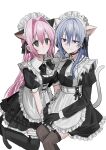  2girls alternate_costume animal_ear_fluff animal_ears apron black_bow black_dress black_gloves black_necktie black_thighhighs blue_eyes bow braid breasts brown_thighhighs cat_ears cat_girl cat_tail chihuri closed_mouth commentary_request dress ende_(chihuri) enmaided frilled_apron frilled_thighhighs frills gloves grey_hair hair_intakes highres juliet_sleeves long_hair long_sleeves maid maid_headdress medium_breasts multiple_girls nea_(chihuri) necktie original pink_hair puffy_short_sleeves puffy_sleeves purple_eyes short_sleeves simple_background smile tail thighhighs very_long_hair white_apron white_background 