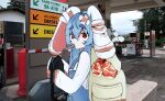  1girl @_@ ahoge animal_ears backpack bag bandages blood blood_on_bandages blue_dress blue_hair bone dress drinking_gasoline food gas_pump gas_pump_nozzle gas_station hair_between_eyes highres indie_virtual_youtuber light_blue_hair long_hair looking_at_viewer lop_rabbit_ears meat noiriririri overall_dress para_(vtuber) photo_background rabbit_ears rabbit_girl red_eyes shirt sidelocks sleeves_past_fingers sleeves_past_wrists thick_eyebrows upper_body very_long_hair white_shirt 