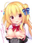  1girl absurdres ahoge blonde_hair blue_bow blush bow breast_hold breasts breasts_out cleavage collared_shirt commentary_request double_bun eyelashes eyes_visible_through_hair fingernails hair_between_eyes hair_bow hair_bun hamidashi_creative heart highres izumi_hiyori large_breasts long_hair long_sleeves looking_at_viewer nipples open_clothes open_mouth open_shirt presenting_breasts red_bow red_eyes school_uniform sekine_irie shirt simple_background smile solo sweat translation_request two_side_up upper_body white_background white_shirt 