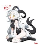  1girl absurdres bandaged_arm bandaged_leg bandages black_gloves boots breasts character_request copyright_request fang full_body gloves highres horns kokaki_mumose long_hair medium_breast nut_(hardware) open_mouth sideboob simple_background sitting sleeveless solo stitches tail thighs white_hair yellow_eyes 