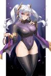  1girl athletic_leotard blush bodystocking bodysuit breasts bridal_gauntlets burnt_green_tea cleavage collar dark_persona evil_smile fire_emblem fire_emblem_awakening fire_emblem_heroes grima_(fire_emblem) hand_on_own_chest highres holding holding_leash large_breasts leash leotard lips long_hair long_sleeves looking_at_viewer magic official_alternate_costume open_mouth purple_nails red_eyes robin_(female)_(fell_tactician)_(fire_emblem) robin_(female)_(fire_emblem) robin_(fire_emblem) simple_background skin_tight smile solo spiked_collar spikes thighhighs thighs twintails white_hair 