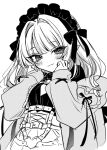  1girl :3 akiyama_enma blush coat commentary_request dress greyscale hands_on_own_cheeks hands_on_own_face harness_belt long_sleeves looking_at_viewer maid_headdress makaino_ririmu makaino_ririmu_(5th_costume) monochrome nijisanji short_hair smile solo upper_body virtual_youtuber 