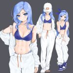  1girl baggy_pants bare_shoulders baseball_cap blue_eyes blue_hair blue_hairband breasts chaesu cleavage commentary crop_top eyebrows_visible_through_hair grey_background hairband hat highres jacket long_hair looking_at_viewer midriff minah_(chaesu) mouth_hold multiple_views navel off_shoulder open_clothes open_jacket original pants shoes simple_background small_breasts sneakers sports_bra standing stomach very_long_hair white_headwear white_jacket white_pants 