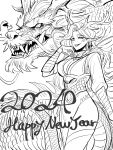  1girl 2024 artist_self-insert breasts chinese_zodiac cleavage dragon dragon_girl dragon_horns dragon_tail earrings eastern_dragon facial_mark fangs gegegekman happy_new_year highres horns jewelry long_hair looking_at_viewer monochrome open_mouth original pelvic_curtain pointy_ears scales slit_pupils smile tail thumbs_up white_background year_of_the_dragon 