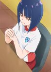  1girl blue_hair bob_cut breasts brown_eyes chair closed_mouth desk haruyama_kazunori precure shiratori_yuriko shirt short_hair short_sleeves shorts sitting solo tropical-rouge!_precure 