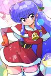  1girl belt black_belt bow breasts christmas double_bun hair_bun highres purple_eyes purple_hair ranma_1/2 red_bow santa_costume shampoo_(ranma_1/2) signature smile solo wanta_(futoshi) 