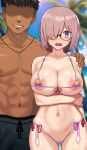  1boy 1girl :o arm_under_breasts ass_visible_through_thighs bikini blush breasts collarbone condom covered_nipples cowboy_shot cum dark-skinned_male dark_skin day fate/grand_order fate_(series) glasses highres large_breasts male_swimwear mash_kyrielight navel nt00 outdoors pink_hair purple_eyes rainbow_print see-through shiny_skin short_hair smile stray_pubic_hair swimsuit topless_male used_condom 