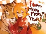  1girl 2022 animal_ear_fluff animal_ears bangs checkered_background chinese_zodiac commentary fang floral_print fox_ears fox_girl fox_tail hair_between_eyes hand_up happy_new_year japanese_clothes kimono long_sleeves looking_at_viewer new_year obi open_mouth orange_background orange_eyes orange_hair red_kimono rimukoro sash senko_(sewayaki_kitsune_no_senko-san) sewayaki_kitsune_no_senko-san skin_fang smile tail tiger upper_body white_background wide_sleeves year_of_the_tiger 