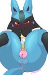  anthro backsack balls black_body black_fur blue_body blue_fur blush bodily_fluids chastity_cage chastity_device cock_and_ball_torture embarrassed fur genital_fluids genital_torture genitals hi_res looking_at_viewer lucario male morgenergy nintendo pok&eacute;mon pok&eacute;mon_(species) precum red_eyes simple_background solo sweat tears video_games white_background yellow_body yellow_fur 