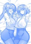  2girls bespectacled blue_theme breasts collared_shirt covered_nipples dress_shirt dual_persona foreshortening glasses hairband haruhisky highres large_breasts long_hair lying monochrome multiple_girls pantyhose pencil_skirt reaching reaching_towards_viewer ribbed_sweater shirt short_hair skirt sleeveless sleeveless_sweater suzumiya_haruhi suzumiya_haruhi_no_shoushitsu suzumiya_haruhi_no_yuuutsu sweater 