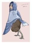  1girl animal_ears baggy_pants bird_ears bird_legs bird_tail blue_feathers blue_hair blue_jacket blue_wings brown_pants commentary dated digitigrade feather_hair feathered_wings feathers full_body grey_eyes harpy highres hood hood_down jacket long_hair miura_(rnd.jpg) monster_girl open_mouth original pants rnd.jpg_(artist) solo tail talons twitter_username winged_arms wings 