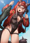  1girl :d animal animal_ears arknights ass_visible_through_thighs blue_sky breasts cameltoe center_opening cleavage covered_navel day ears_through_hood fangs fish fishing_rod grey_hair groin hair_between_eyes highres holding holding_animal holding_fish holding_fishing_rod hood hood_up hooded_jacket jacket large_breasts long_sleeves looking_at_viewer medium_hair mwomwomwo official_alternate_costume open_clothes open_jacket open_mouth outdoors projekt_red_(arknights) projekt_red_(light_breeze)_(arknights) sky smile solo tail thighs wolf_ears wolf_girl wolf_tail yellow_eyes 
