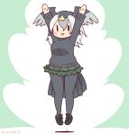  1girl arms_up bird_girl bird_tail bird_wings coroha feathered_wings full_body green_background grey_hair head_wings japanese_cormorant_(kemono_friends) jewelry jumping kemono_friends kemono_friends_3 long_hair looking_at_viewer necklace pantyhose shoes simple_background skirt solo sweater tail wings 
