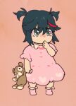  ._. aged_down baby blush dress gyosone holding kill_la_kill matoi_ryuuko multicolored_hair pink_dress red_hair short_twintails socks solo stuffed_animal stuffed_toy tears teddy_bear thumb_sucking toddler twintails two-tone_hair 