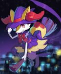  absurdres artist_name bow bowtie braixen broom broom_riding city city_lights closed_mouth clothed_pokemon commentary floating gradient_sky hat highres night night_sky orange_eyes pokemon pokemon_(creature) purple_sky red_bow red_bowtie seojoon_public sky snout star_(sky) symbol-only_commentary tail twitter_username witch_hat yellow_fur 