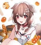  1girl :3 animal_collar animal_ears baguette bangs blush bone_hair_ornament braid bread breasts brown_eyes brown_hair buckle buttons cleavage collar collarbone daimaou_ruaeru dog_ears dog_girl dog_tail doughnut dress fang food hair_between_eyes hair_ornament hairclip highres hololive inugami_korone knees long_hair low_twin_braids mouth_hold open_mouth red_neckwear shirt short_sleeves simple_background sitting solo tail tongue twin_braids twintails virtual_youtuber white_background white_shirt 