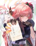  2girls absurdres aru_(blue_archive) aru_(new_year)_(blue_archive) black_gloves blue_archive blush brown_horns brown_kimono closed_mouth demon_horns flower gloves grey_hair hair_flower hair_ornament halo highres horns japanese_clothes kimono long_hair multiple_girls mutsuki_(blue_archive) mutsuki_(new_year)_(blue_archive) official_alternate_costume pink_flower pink_hair pink_halo red_flower rivet_(vvrn2825) short_hair wide_sleeves yellow_eyes 