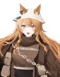  1girl :d absurdres animal_ears arknights black_skirt braid breasts brown_jacket brown_shirt ceobe_(arknights) ceobe_(unfettered)_(arknights) chain dog_ears dog_girl ear_ornament ears_through_headwear fangs hair_between_eyes highres jacket joshua_(shisanli934) long_hair looking_at_viewer medium_breasts official_alternate_costume open_clothes open_jacket open_mouth red_eyes shirt side_braids skirt smile solo teeth very_long_hair white_headwear 