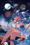  1girl absurdres artist_name barefoot blue_eyes blue_hair braid braided_ponytail breasts cleavage cleavage_cutout clothing_cutout commentary constellor detached_sleeves dragon dragon_girl dragon_horns dragon_tail english_commentary fireworks full_moon gradient_hair highres horizon horns large_breasts moon multicolored_hair night night_sky ocean original signature sitting sky solo tail white_hair 