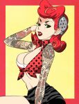  arm_tattoo black_shorts breasts cleavage coif commission copyright_request crop_top gears green_eyes gyosone highres pinup_(style) polka_dot red_hair red_lips retro_clothes shorts tattoo 