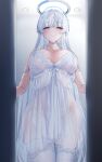  1girl blue_archive blush breasts breasts_apart choker collarbone grey_hair halo highres indoors large_breasts lingerie looking_at_viewer negligee noa_(blue_archive) panties purple_eyes see-through side-tie_panties smile solo thighhighs underwear underwear_only white_choker white_panties white_thighhighs yoru0409 