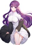  1girl black_coat breasts bright_pupils closed_mouth coat dress fern_(sousou_no_frieren) highres large_breasts long_sleeves looking_at_viewer purple_eyes purple_hair ririko_(zhuoyandesailaer) simple_background sitting solo sousou_no_frieren thighs white_background white_dress white_pupils 