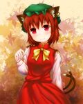  1girl animal_ear_fluff animal_ear_piercing animal_ears blush bow bowtie breasts brown_hair cat_ears cat_tail chen closed_mouth commentary_request cowboy_shot earrings gold_trim green_headwear hair_between_eyes hand_up hat head_tilt highres jewelry leaf leaf_background looking_at_viewer maple_leaf mob_cap multiple_tails nekomata red_eyes red_skirt red_vest short_hair single_earring skirt skirt_set small_breasts smile solo tail touhou two_tails vest yellow_bow yellow_bowtie zzriixx 