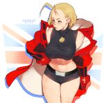  1girl abs arm_at_side belt blonde_hair blue_eyes breasts cammy_white coat crop_top hand_on_own_hip highres jewelry legs_together looking_to_the_side necklace norasuko official_alternate_costume red_coat scar scar_on_cheek scar_on_face short_hair sleeveless sleeveless_turtleneck solo street_fighter street_fighter_6 thighs toned turtleneck 