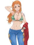  1girl arm_behind_head bikini bikini_top_only bmyoshikun123 breasts brown_eyes collarbone denim earrings green_bikini hand_in_pocket highres jeans jewelry large_breasts log_pose long_hair looking_at_viewer nami_(one_piece) navel one_piece orange_hair pants parted_lips pearl_earrings shoulder_tattoo solo swimsuit tattoo white_background 