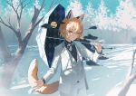  1boy animal_ears bare_tree black_shirt blonde_hair bow bowtie cherry_blossoms cloud diamond_(shape) formal fox_boy fox_ears fox_tail full_moon jacket male_focus messy_hair moon open_mouth original outdoors pants red_eyes shirt snow solo suit suit_jacket tail three-piece_suit tree tsurime umbrella umbrella_over_shoulder vest wakuseiy white_bow white_bowtie white_pants white_suit 