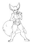  anthro big_breasts black_and_white bottomwear breasts bulge chakona_space clothing faleshkarti fluffy fluffy_tail gynomorph herm_(lore) intersex looking_at_viewer miranda_leigh monochrome navel nipple_outline open_mouth shirt shorts solo tank_top topwear 