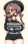  100_gecs band_shirt bike_shorts black_eyes black_headwear black_shirt black_shorts blush bow brown_hair glasses hat hat_bow low_twintails merchandise nose_blush notnoe_(dxcl) open_mouth shirt short_hair shorts sweat touhou twintails urban_legend_in_limbo usami_sumireko white_bow 