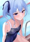  1girl alternate_costume blue_eyes blue_hair blue_one-piece_swimsuit blue_ribbon blush breasts covered_navel fawny frown hair_ribbon highres hololive hoshimachi_suisei looking_at_viewer one-piece_swimsuit pool ribbon sitting small_breasts solo star_(symbol) star_in_eye swimsuit symbol_in_eye virtual_youtuber wet wet_clothes wet_swimsuit 