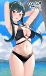  1girl alternate_costume armpits arms_up bikini black_bikini black_hair blue_sky breasts cleavage cloud commission day gold_hairband hairband highres large_breasts navel ocean outdoors palm_tree px-tea red_eyes red_lips skeb_commission sky solo spy_x_family swimsuit tree water yor_briar 