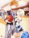  1boy 1girl alternate_costume anger_vein angry ball basketball basketball_(object) basketball_jersey basketball_uniform blonde_hair breast_press breasts cheerleader contemporary eye_contact genshin_impact hair_between_eyes hair_ornament height_difference hetero highres holding holding_ball holding_pom_poms looking_at_another lumine_(genshin_impact) pom_pom_(cheerleading) shailo short_hair short_hair_with_long_locks sportswear tartaglia_(genshin_impact) yellow_eyes 