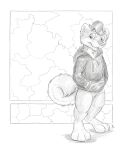 abstract_background anthro bottomless canid canine canis clothed clothing domestic_dog featureless_crotch flinters fur greyscale hair hi_res hoodie hoodie_only looking_at_viewer male mammal monochrome shiba_inu solo spitz tail topwear topwear_only