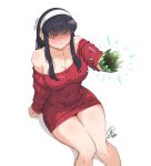  1girl black_hair blush bottle breasts broken_bottle cleavage drunk hairband holding holding_bottle invisible_chair jk_arts large_breasts long_hair no_legwear red_eyes red_sweater sitting solo spy_x_family sweater white_background white_hairband yor_briar 