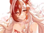  alternate_costume bare_shoulders bridal_veil bride dress eyeliner flower fu_hua fu_hua_(garuda) hair_between_eyes honkai_(series) honkai_impact_3rd light_smile long_hair makeup mangzhi_yaoyao multicolored_hair on_head red_eyeliner red_eyes red_hair red_scales scales sleeveless sleeveless_dress solo streaked_hair symbol-shaped_pupils two-tone_hair upper_body veil very_long_hair wedding_dress white_background white_dress white_flower white_hair yellow_pupils 