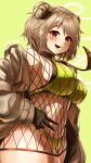  1girl absurdres black_gloves blush bra breasts choker coat crr001 double_bun earrings fishnet_dress girls&#039;_frontline gloves highres jewelry large_breasts light_brown_hair navel necktie open_mouth p90_(girls&#039;_frontline) panties red_eyes short_hair smile solo underwear 