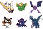  :3 bird claws clenched_teeth closed_eyes closed_mouth crobat dunsparce heracross hoothoot no_humans open_mouth pokemon pokemon_(creature) simple_background skiploom smile spinarak teeth tyako_089 white_background 