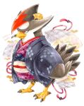  animal_focus artist_name beak bird bird_tail brown_feathers closed_mouth clothed_pokemon commentary_request dated feathers fullmofsuika japanese_clothes kimono no_humans pokemon pokemon_(creature) red_eyes staraptor tail talons white_background 