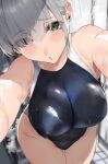  1girl black_one-piece_swimsuit blush breasts collarbone commentary_request competition_swimsuit eyes_visible_through_hair green_eyes grey_hair hair_over_one_eye highres hololive large_breasts lips looking_at_viewer one-piece_swimsuit selfie shirogane_noel short_hair solo swimsuit thighs tomochi_(tmc_tmc8) virtual_youtuber wet wet_clothes wet_swimsuit 