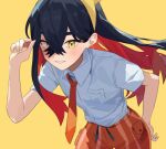  1girl black_hair blush carmine_(pokemon) collared_shirt colored_inner_hair crossed_bangs eyelashes flat_chest hair_between_eyes hairband long_hair looking_at_viewer mole mole_under_eye multicolored_hair naranja_academy_school_uniform necktie orange_necktie orange_shorts pokemon pokemon_sv red_hair school_uniform shirt shorts shrimp_pkm simple_background smile solo striped striped_shorts two-tone_hair yellow_eyes yellow_hairband 