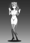  1girl absurdres animal_ears animal_print bikini boots breasts cat_ears full_body grand_summoners greyscale highres lapleh_(grand_summoners) large_breasts looking_at_viewer micro_bikini monochrome navel puppuppa solo standing string_bikini swimsuit tail thigh_boots tiger_print 